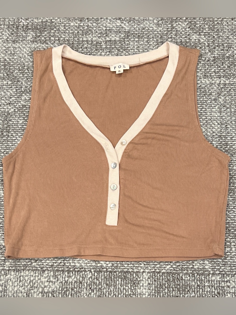 POL Camel Ribbed Henley Crop Top with Cream Trim